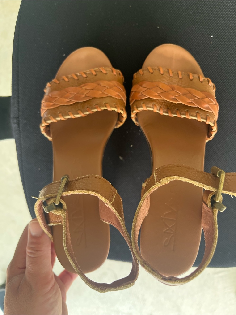 Tan Braided Leather Ankle-Strap Sandals size 37